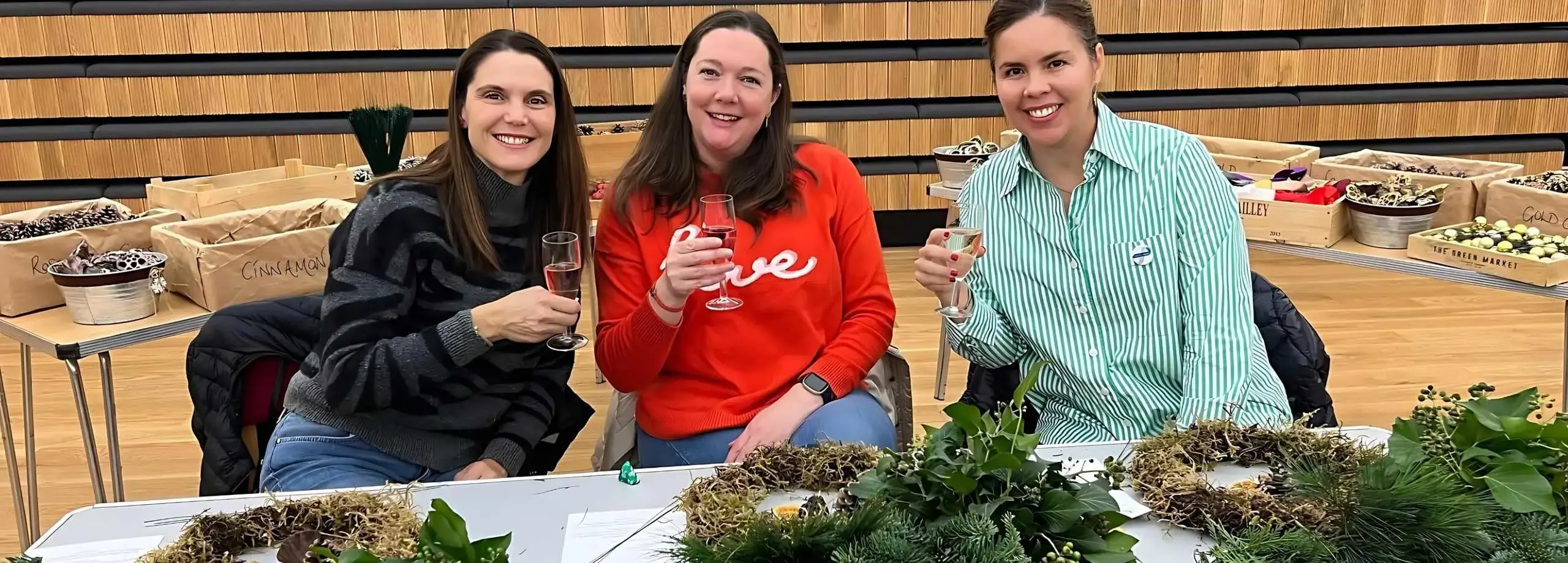 Three friends of Feltonfleet making Christmas wreaths