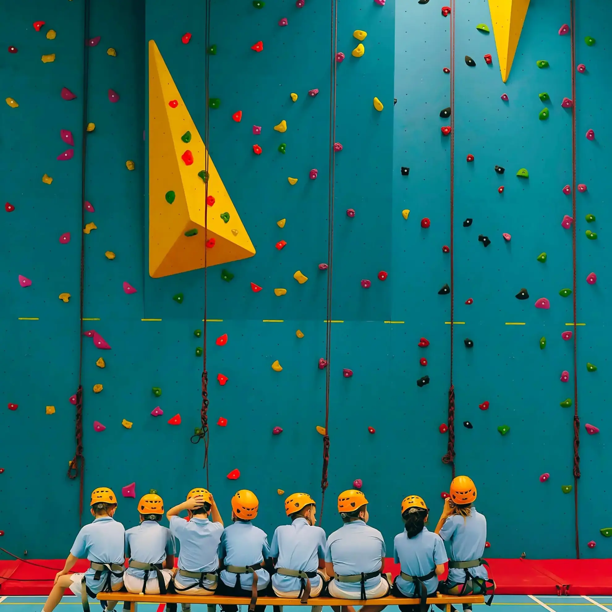 Students sitting on bench, facing climbing wall