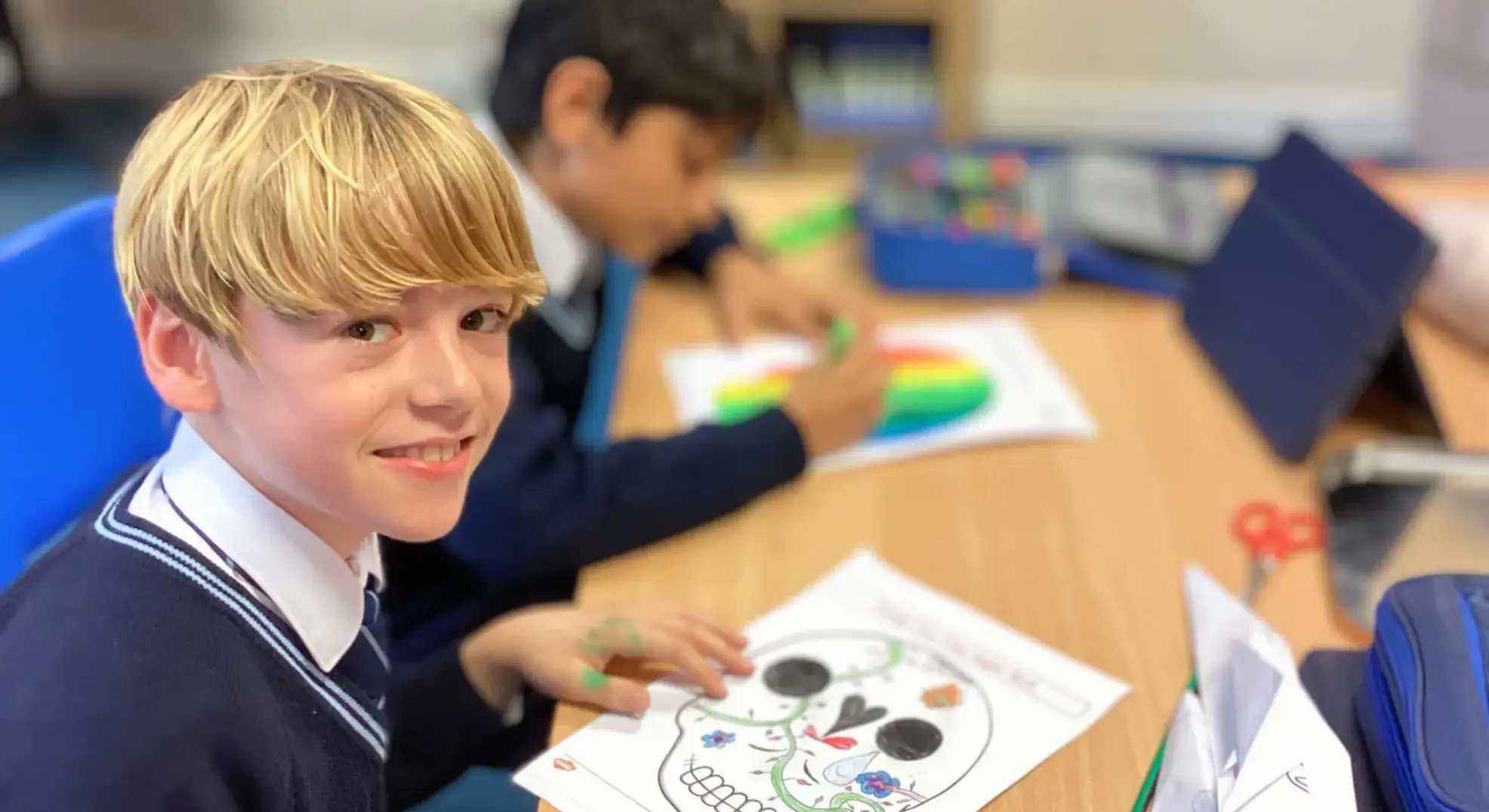 Pupils studying dia de los Muertos EDI Feltonfleet Private School Surrey