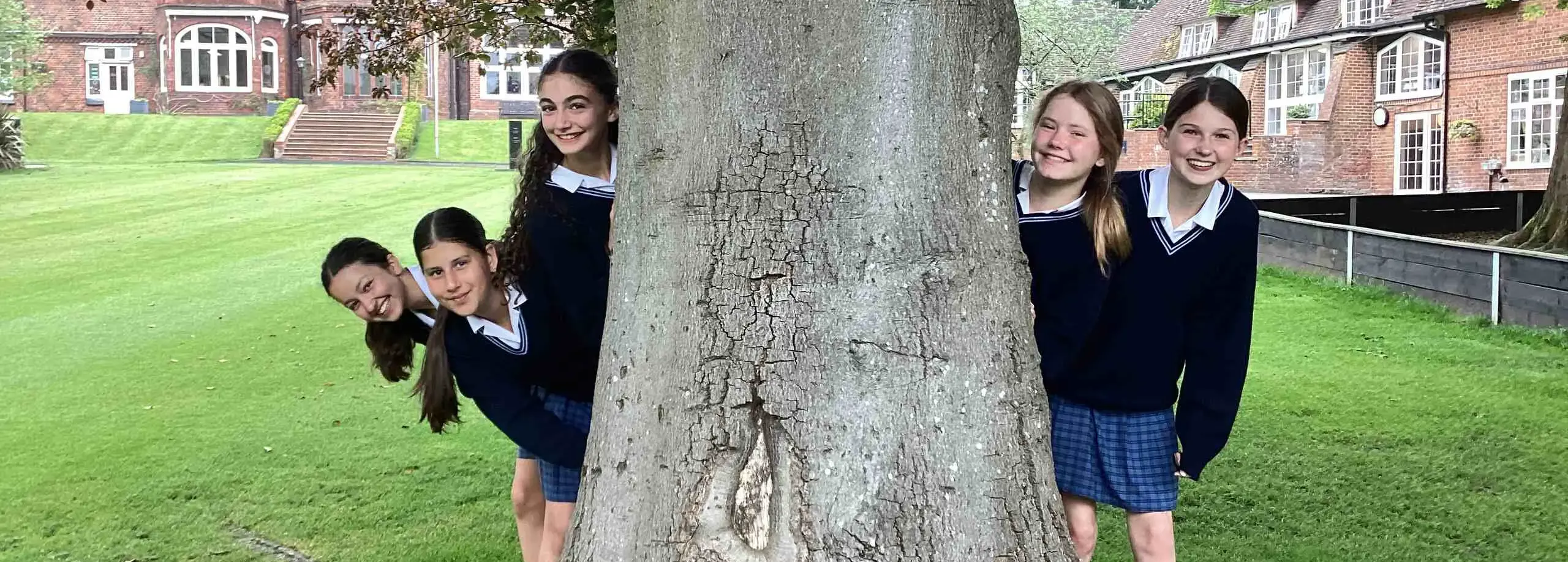 Pupils popping out from behind a tree